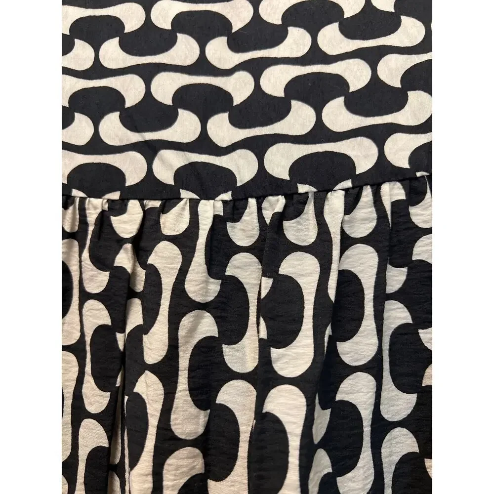 Zara Women’s V-Neck Long Sleeve Geometric Tie‎ Waist Mini Dress Sz M Black Beige